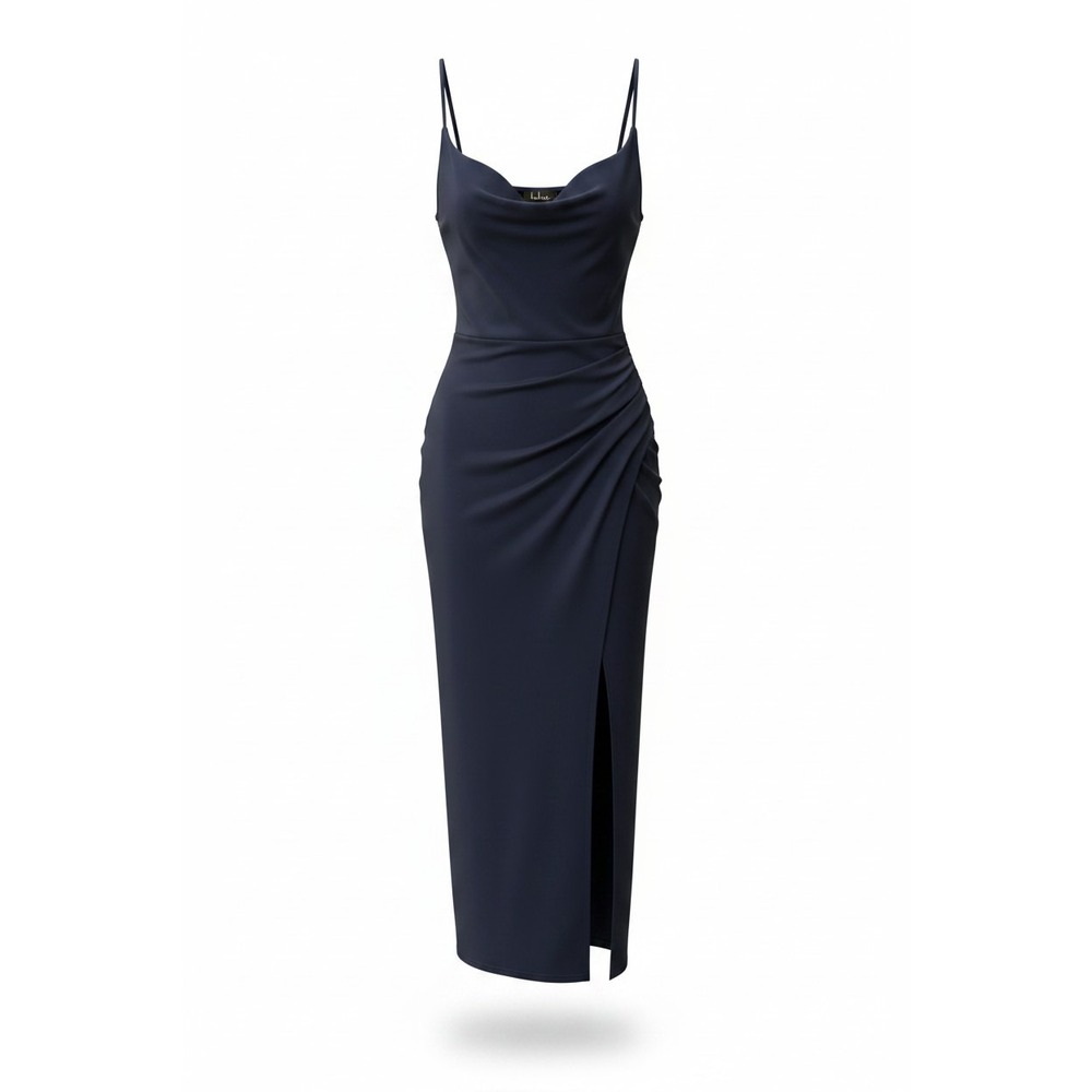 Lulus Formal Dress Sz M Navy Blue Maxi Surplice Ruched Side Slit Wedding Guest